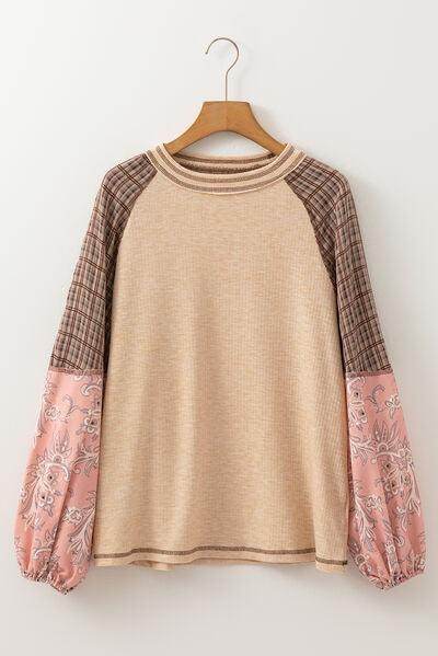 Plaid Floral Patchwork Round Neck Long Sleeve Top for Women