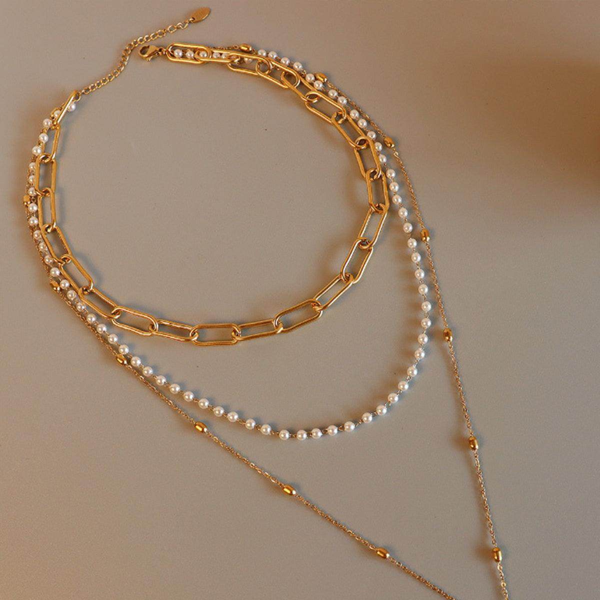Synthetic Pearl Titanium Steel Three-Layered Necklace for Women