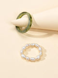 Feelontop 2pcs Pearl Elastic Retro Green Red Acrylic Ring New Women Accessories