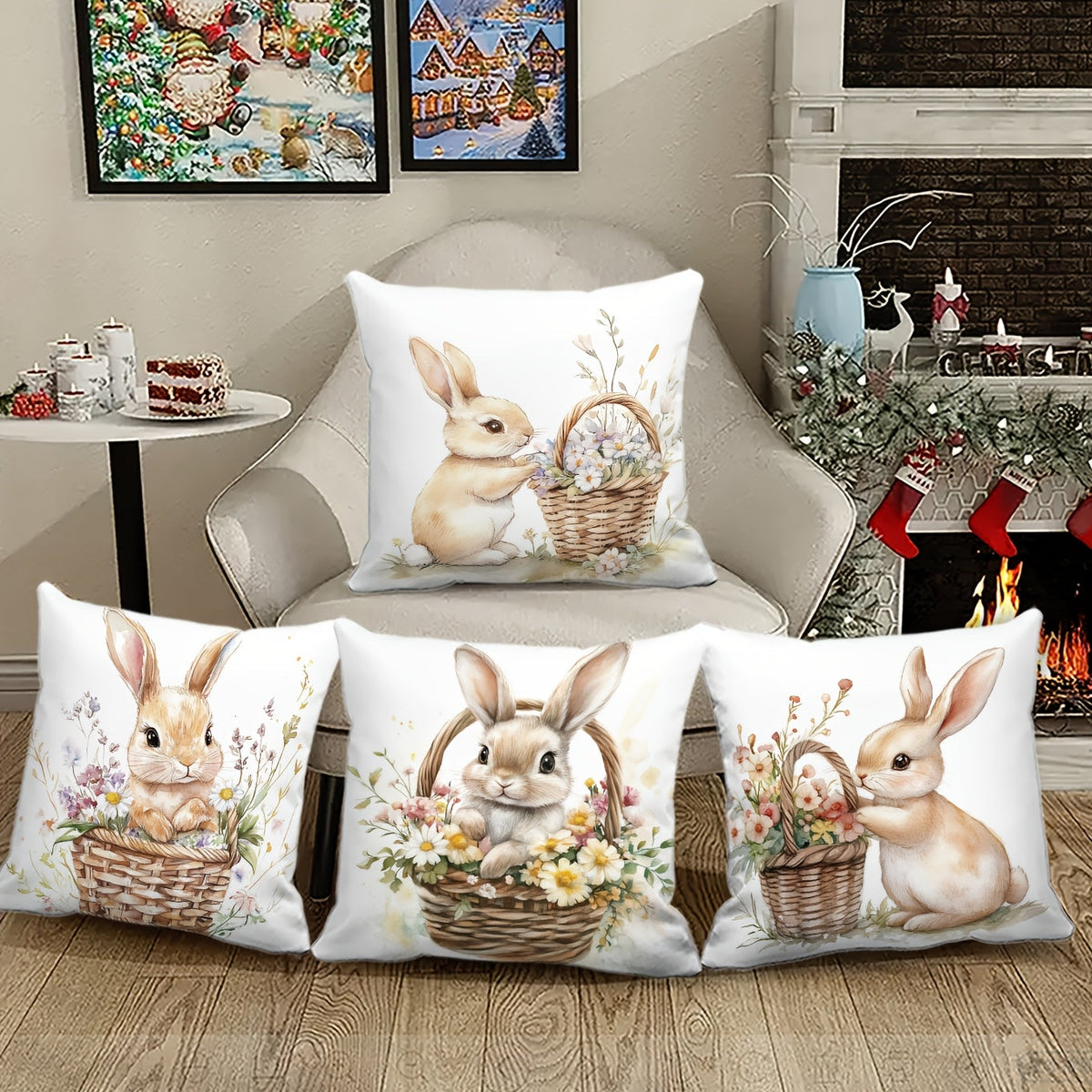 4pcs Multicolor Easter Bunny Floral Cushion Covers