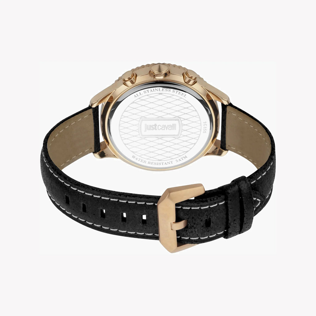 Just Cavalli Men's Black Leather Watch, Rose Gold Case | Jc1g155l0035