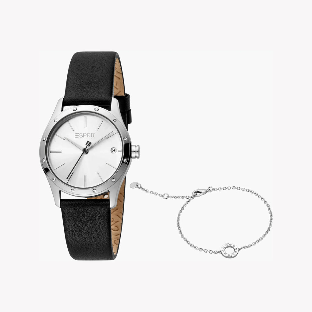 Esprit Women's Black Leather Watch, Silver Dial | Es1l000m0065