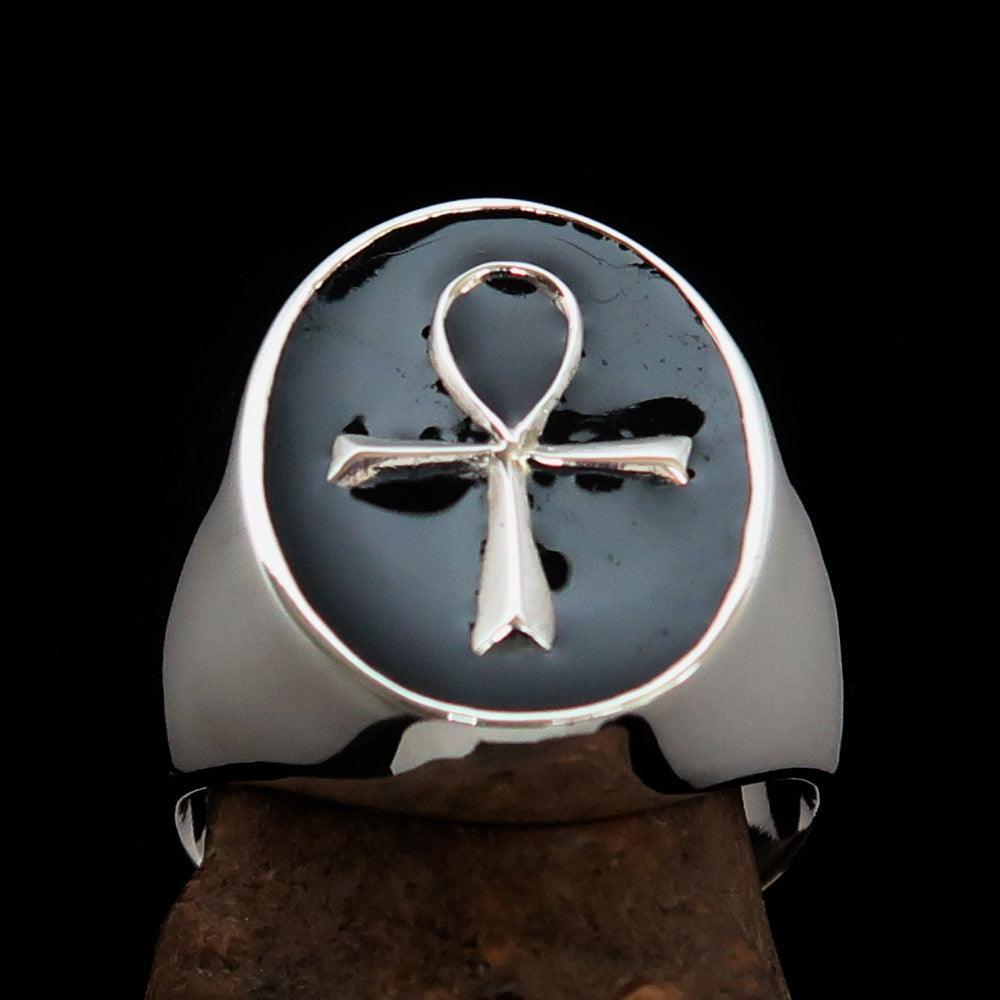 Black oval shaped Egyptian Ankh Cross Men's Ring - Sterling Silver