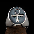Black oval shaped Egyptian Ankh Cross Men's Ring - Sterling Silver
