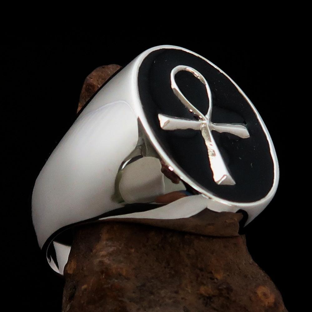 Black oval shaped Egyptian Ankh Cross Men's Ring - Sterling Silver