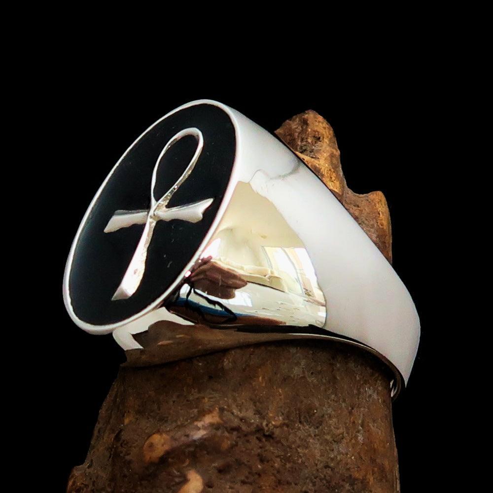 Black oval shaped Egyptian Ankh Cross Men's Ring - Sterling Silver