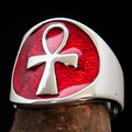 Excellent crafted Men's big red Egyptian Ankh Cross Ring - Sterling Silver