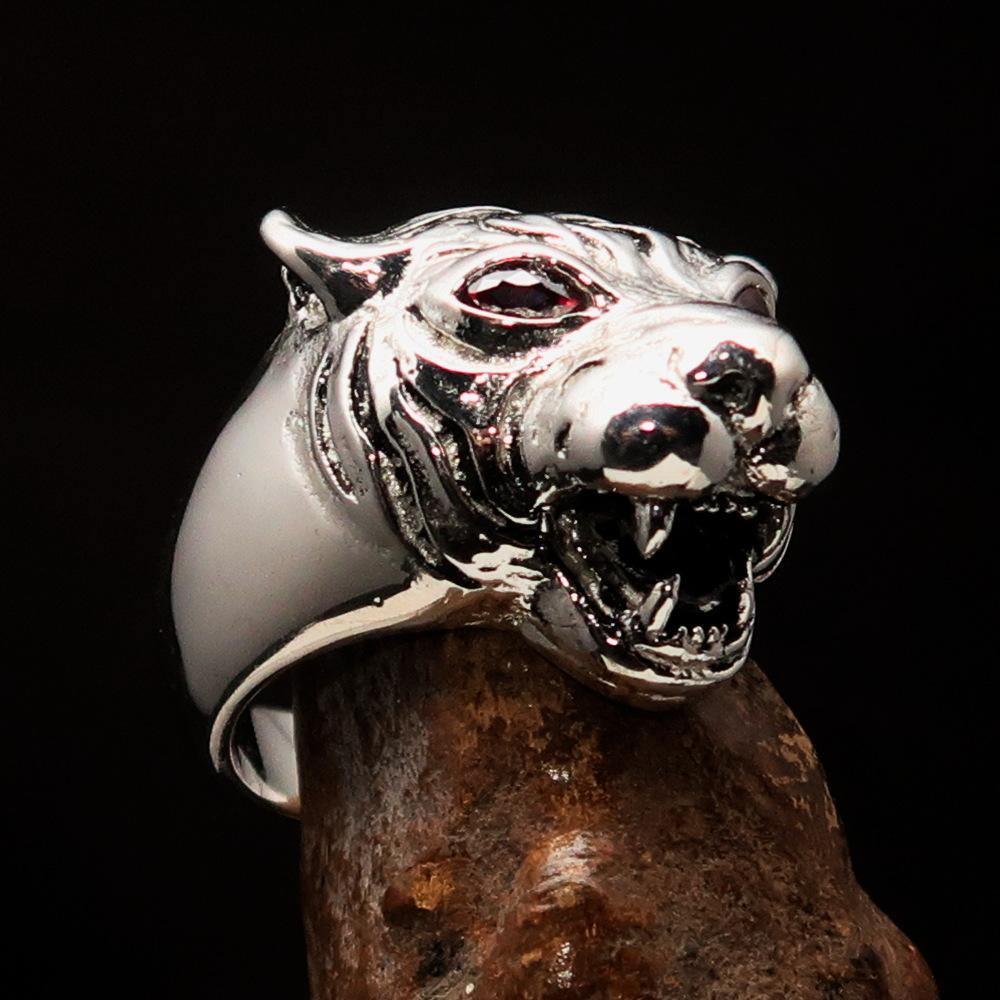 Excellent crafted Men's Tiger Ring red CZ Eyes - Sterling Silver