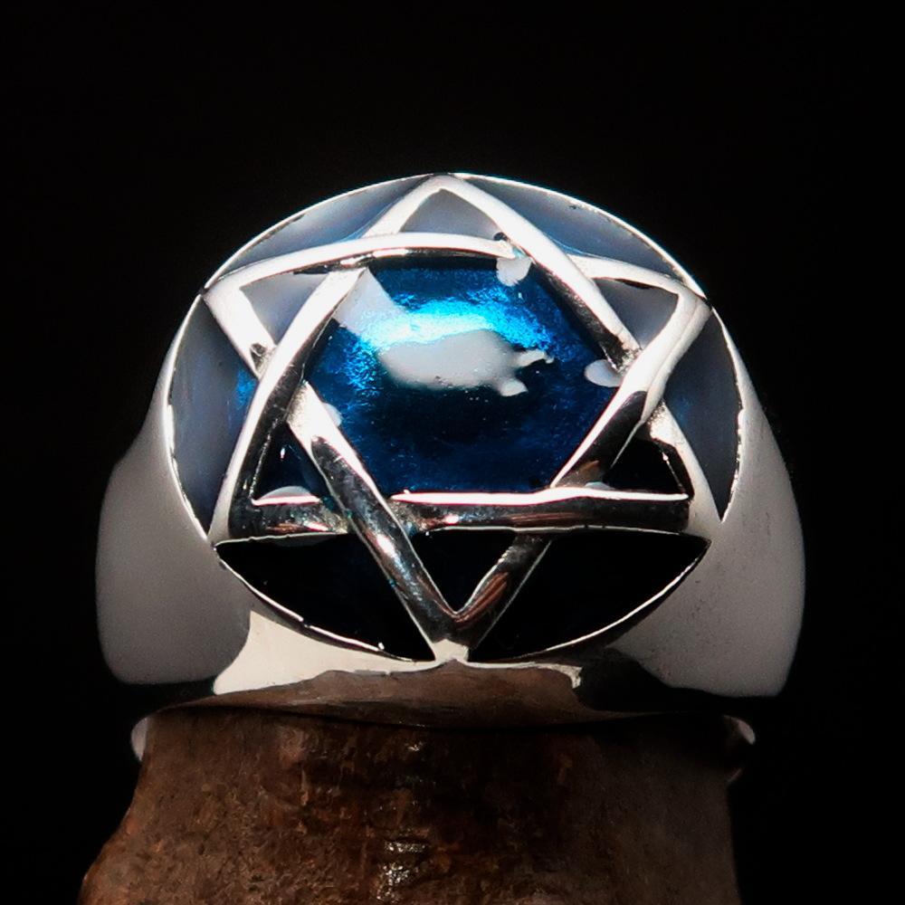 Nicely crafted Men's Hebrew Ring Blue Star of David - Sterling Silver
