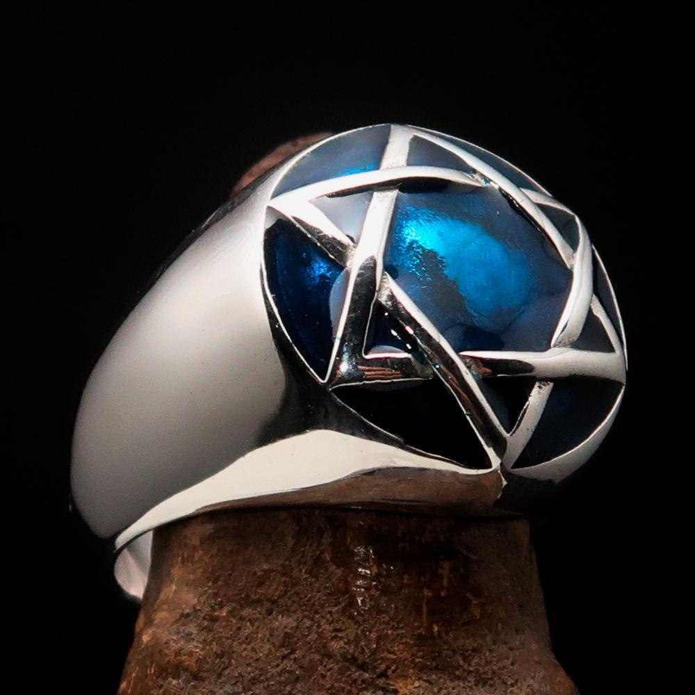 Nicely crafted Men's Hebrew Ring Blue Star of David - Sterling Silver