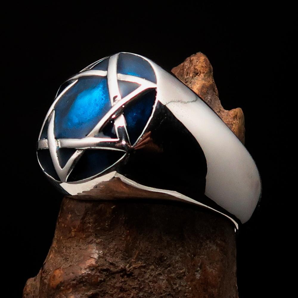 Nicely crafted Men's Hebrew Ring Blue Star of David - Sterling Silver