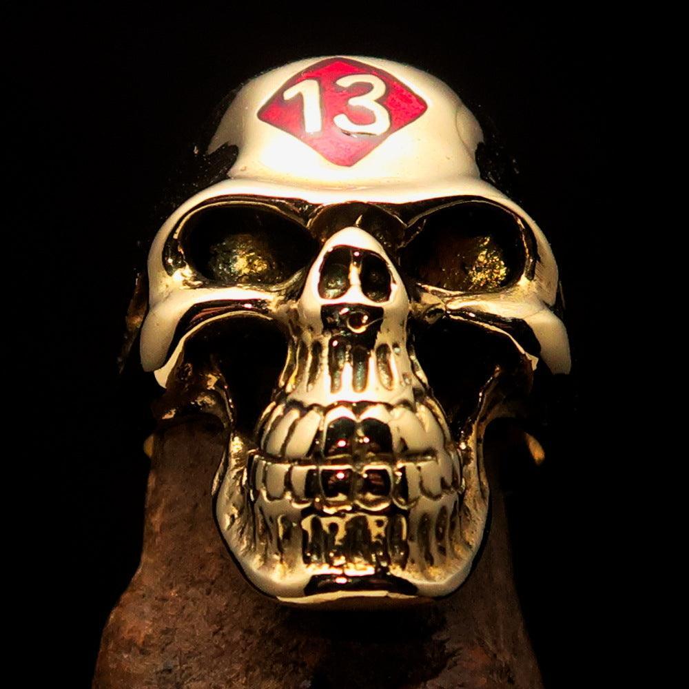 Excellent crafted Men's Biker Skull Ring Red Diamond Lucky 13 - Solid Brass