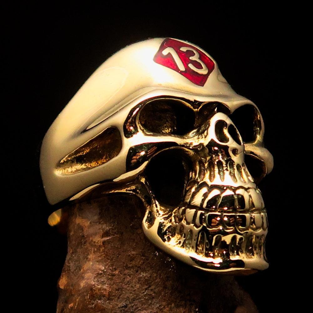 Excellent crafted Men's Biker Skull Ring Red Diamond Lucky 13 - Solid Brass