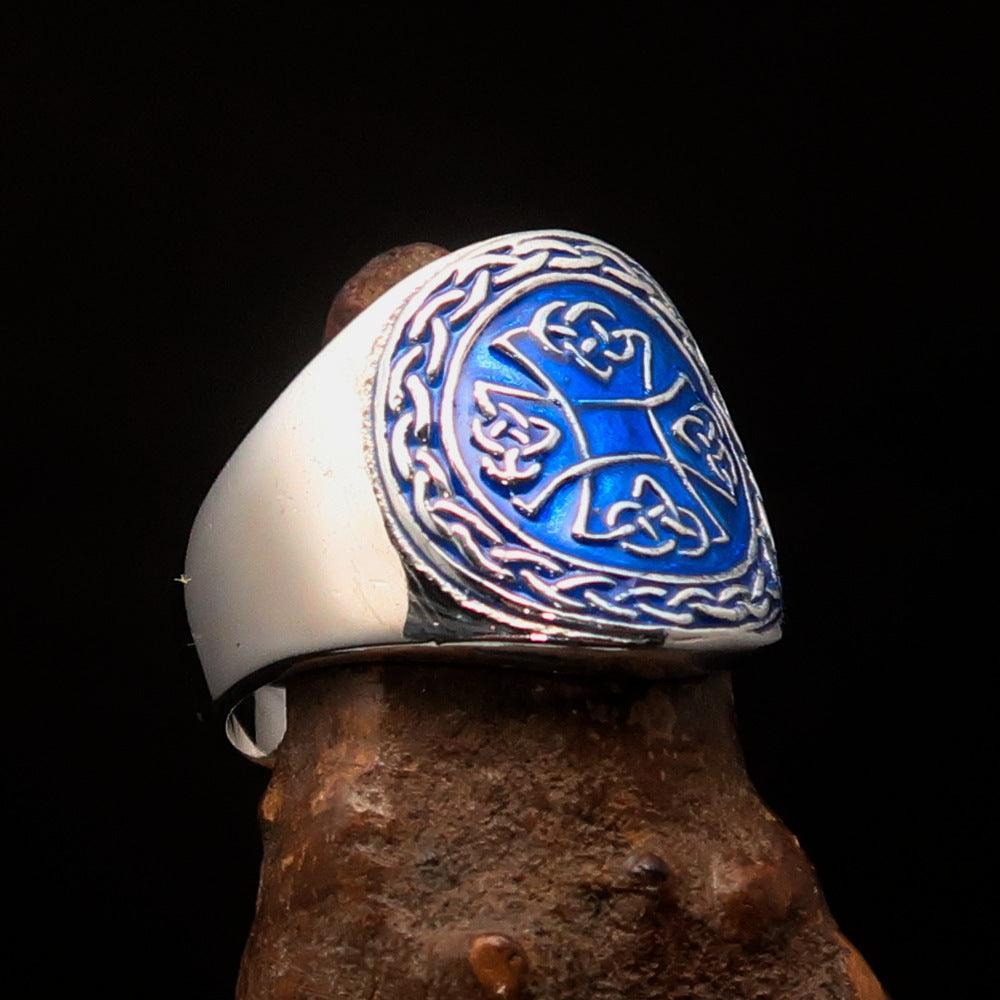 Excellent crafted ancient blue Celtic Birgit's Cross Men's Ring - Sterling Silver