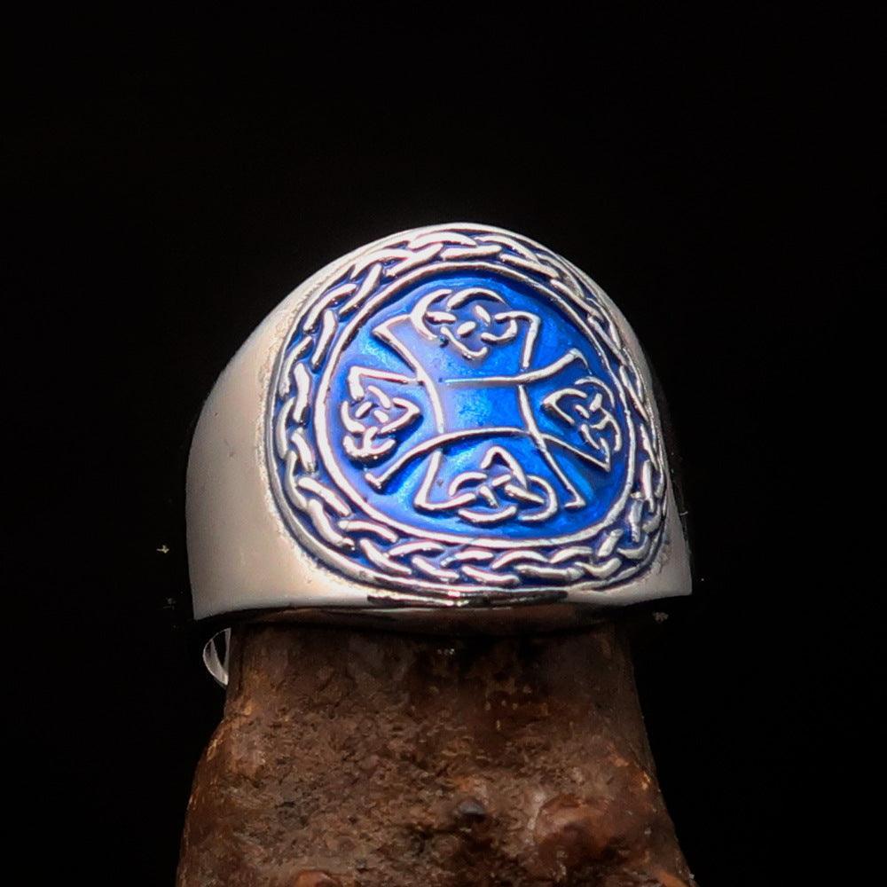 Excellent crafted ancient blue Celtic Birgit's Cross Men's Ring - Sterling Silver