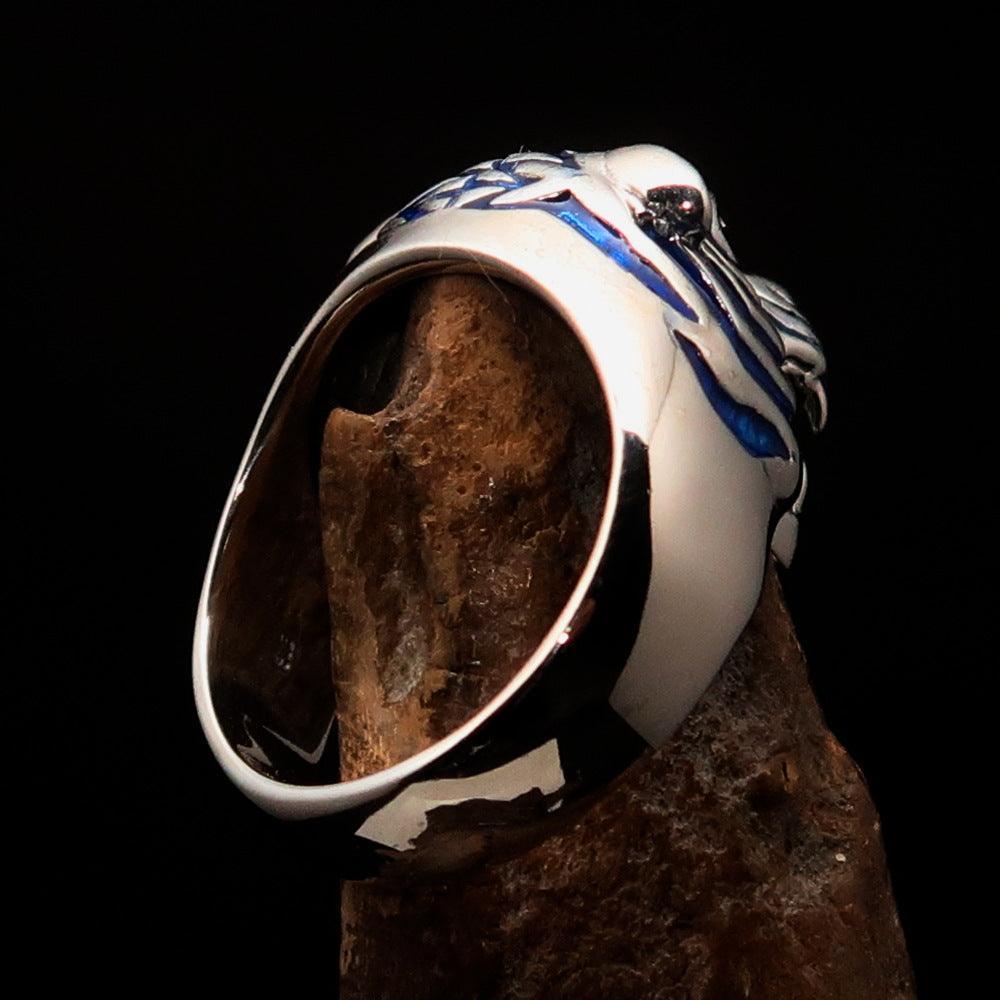 Excellent crafted Men's Predator Ring Tiger red CZ Eyes and blue Stripes - Sterling Silver