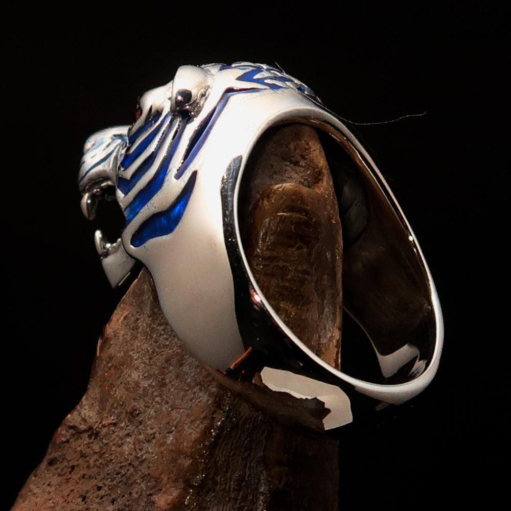 Excellent crafted Men's Predator Ring Tiger red CZ Eyes and blue Stripes - Sterling Silver