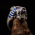 Excellent crafted Men's Predator Ring Tiger red CZ Eyes and blue Stripes - Sterling Silver