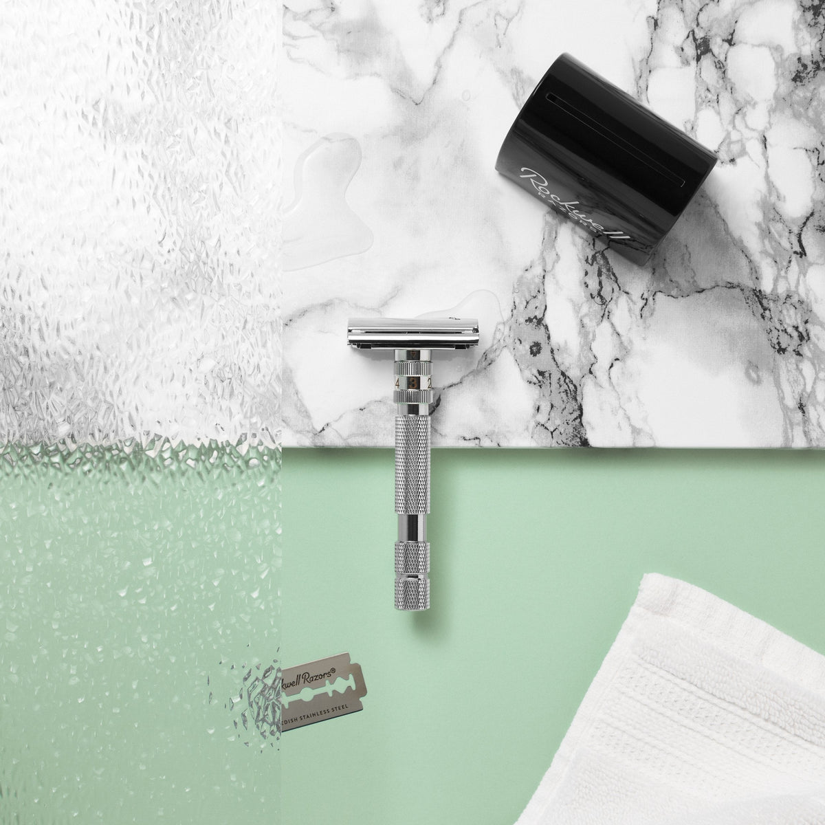 Rockwell T2 Adjustable Safety Razor - White Chrome (Twist-to-Open)