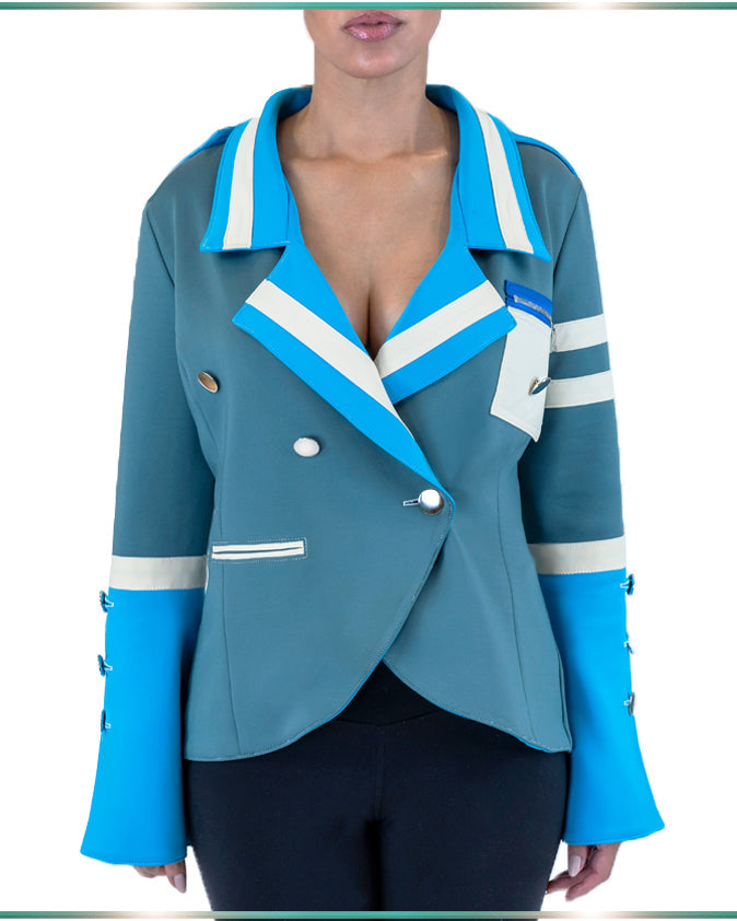 Double-breasted Swazelle Jacket in bluish-green and bright blue with ivory accents, featuring stylish lapels and decorative buttons.