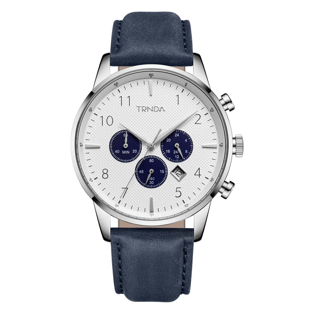 Trnda Men's Stainless Steel Watch, Blue Leather Band | Trn43mm