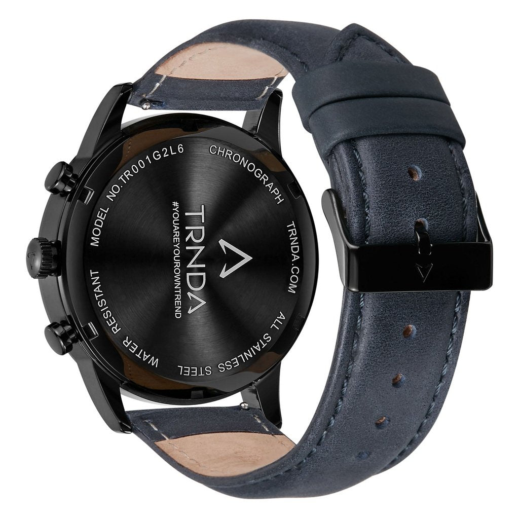 Trnda Men's Black Stainless Steel Watch, Blue Leather Band | Trn-43dbl-3