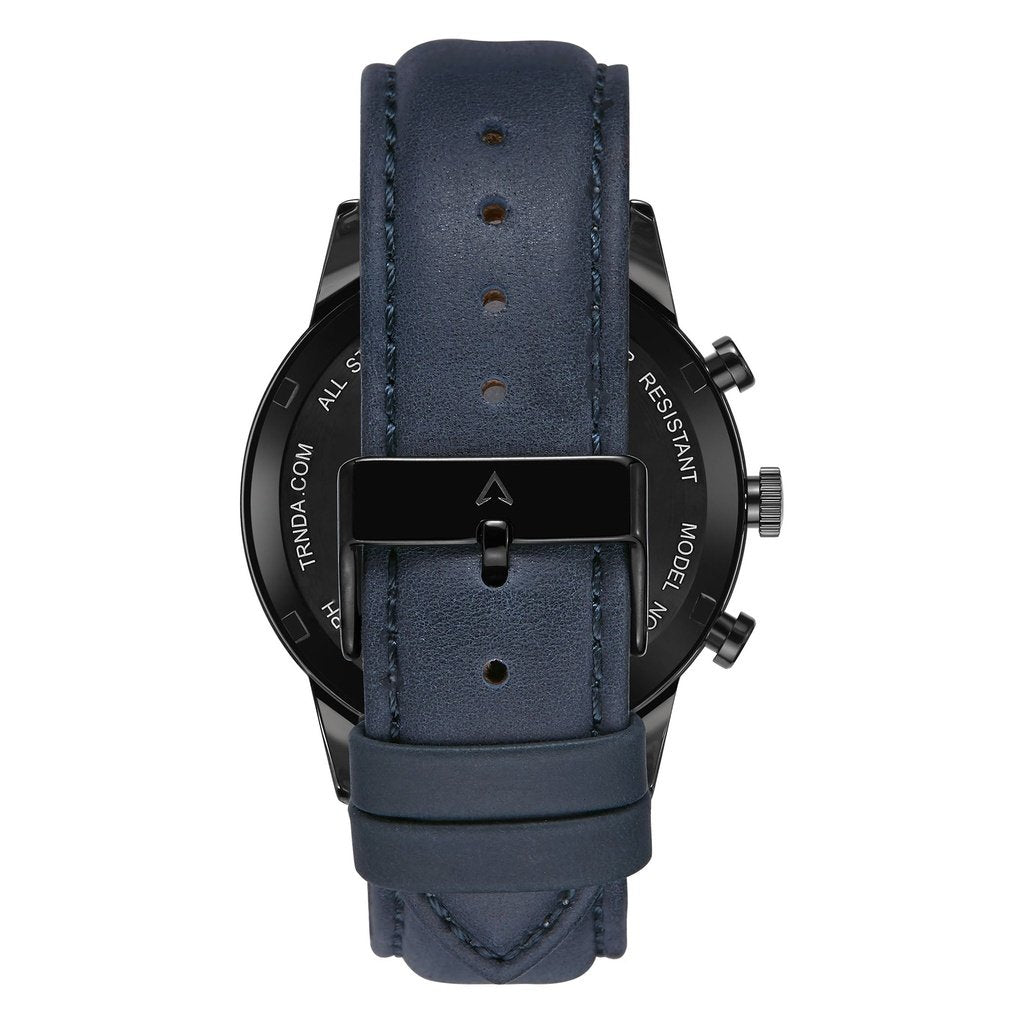 Trnda Men's Black Stainless Steel Watch, Blue Leather Band | Trn-43dbl-4