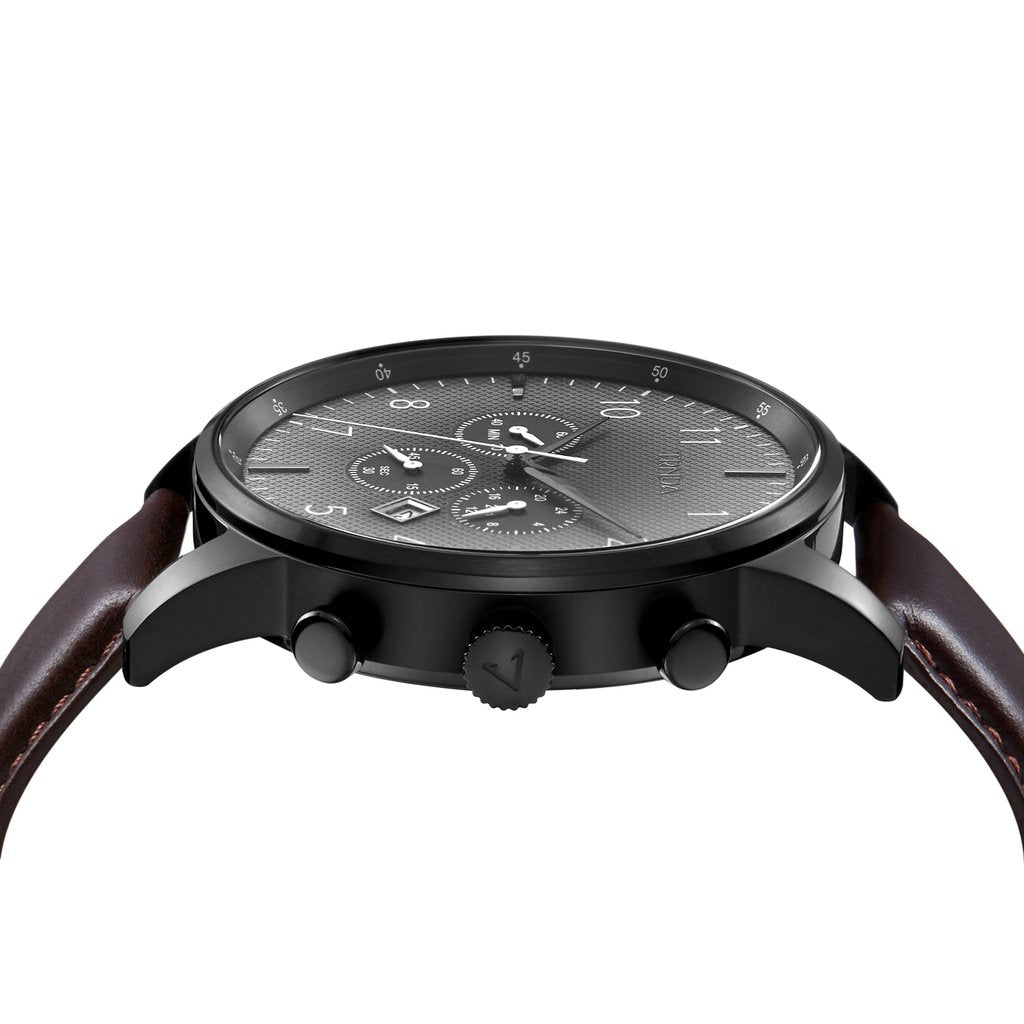Trnda Men's Stainless Steel Black Watch, Brown Leather Band | Trnda-43mm-2