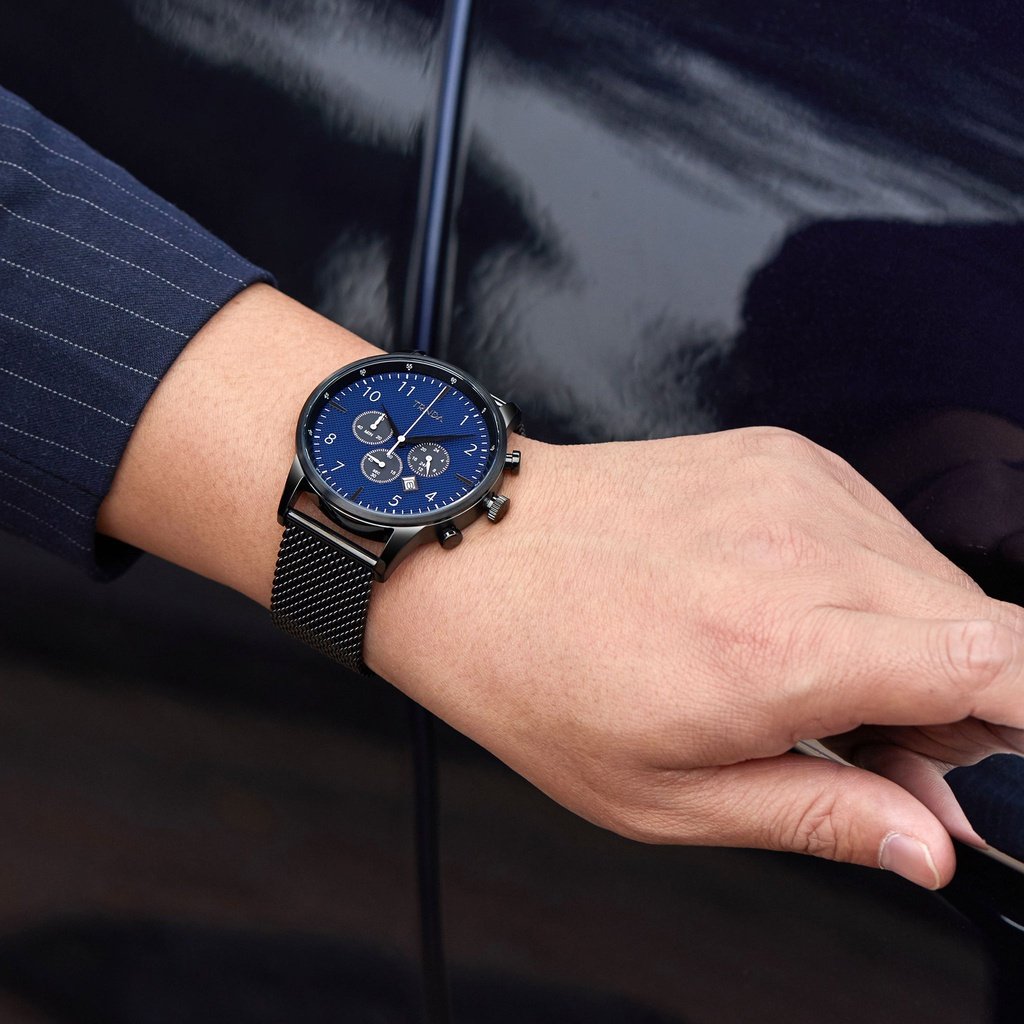 Trnda Men's Black Stainless Steel Watch, Dark Blue Dial | Tr43mbl