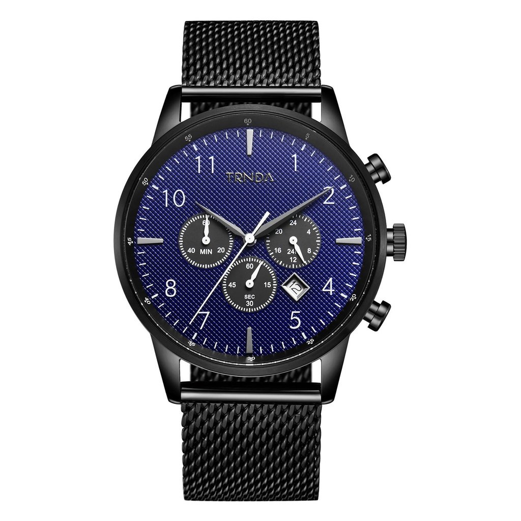 Trnda Men's Black Stainless Steel Watch, Dark Blue Dial | Tr43mbl