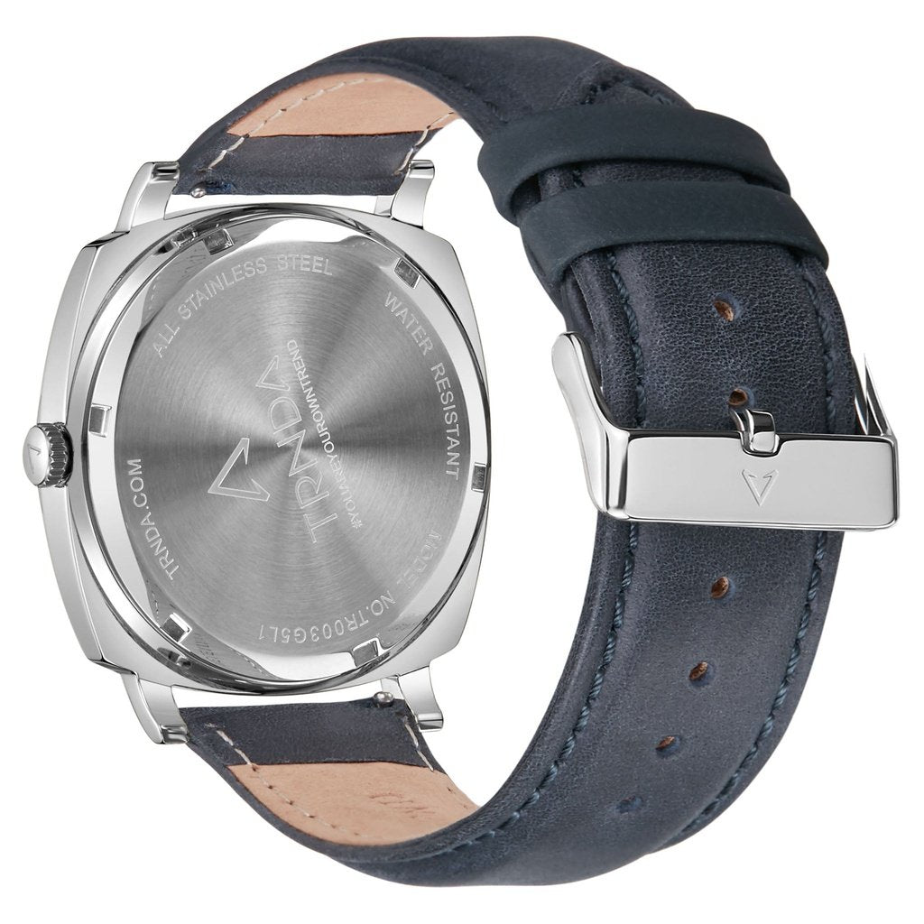 Trnda Men's Stainless Steel Square Watch, Blue Leather Band | Trd45mm