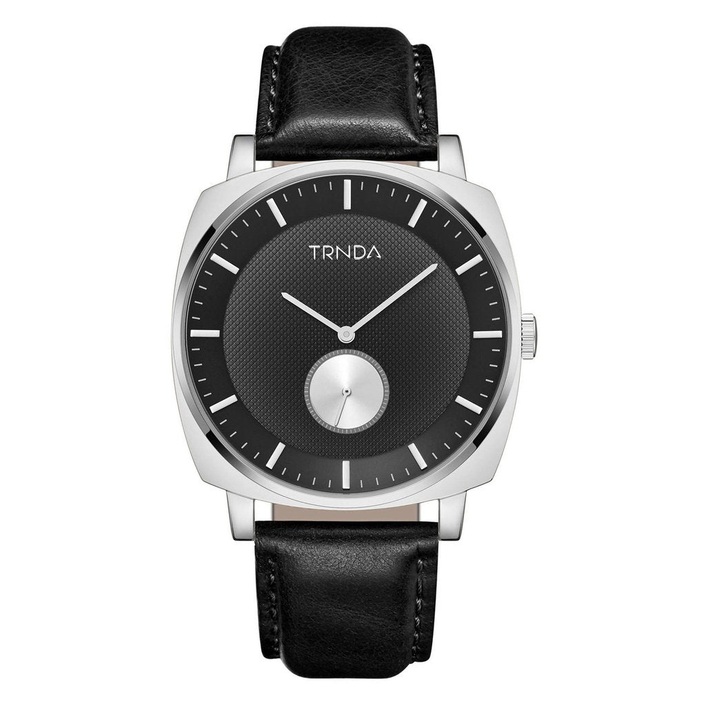 Trnda Men's Stainless Steel Watch, Black Leather Band | Trnda45mm