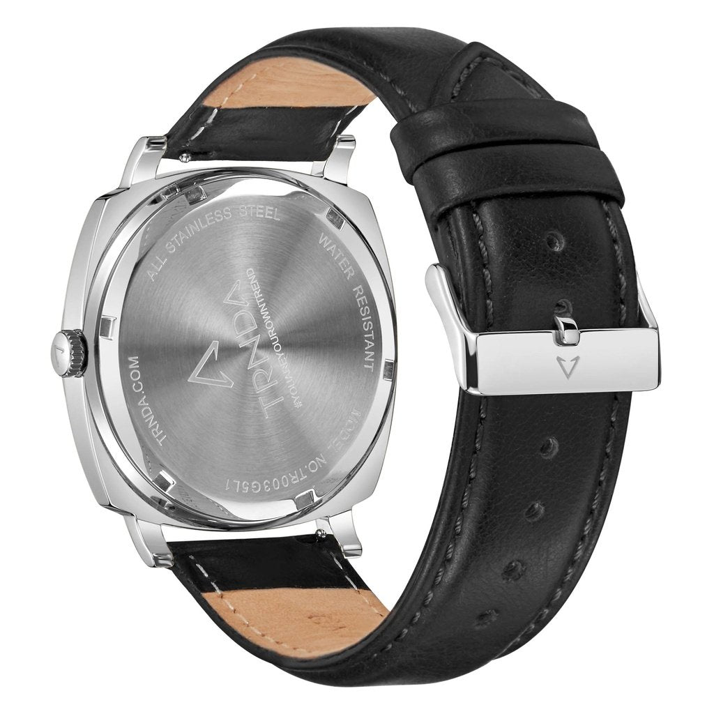 Trnda Men's Stainless Steel Watch, Black Leather Band | Trnda45mm