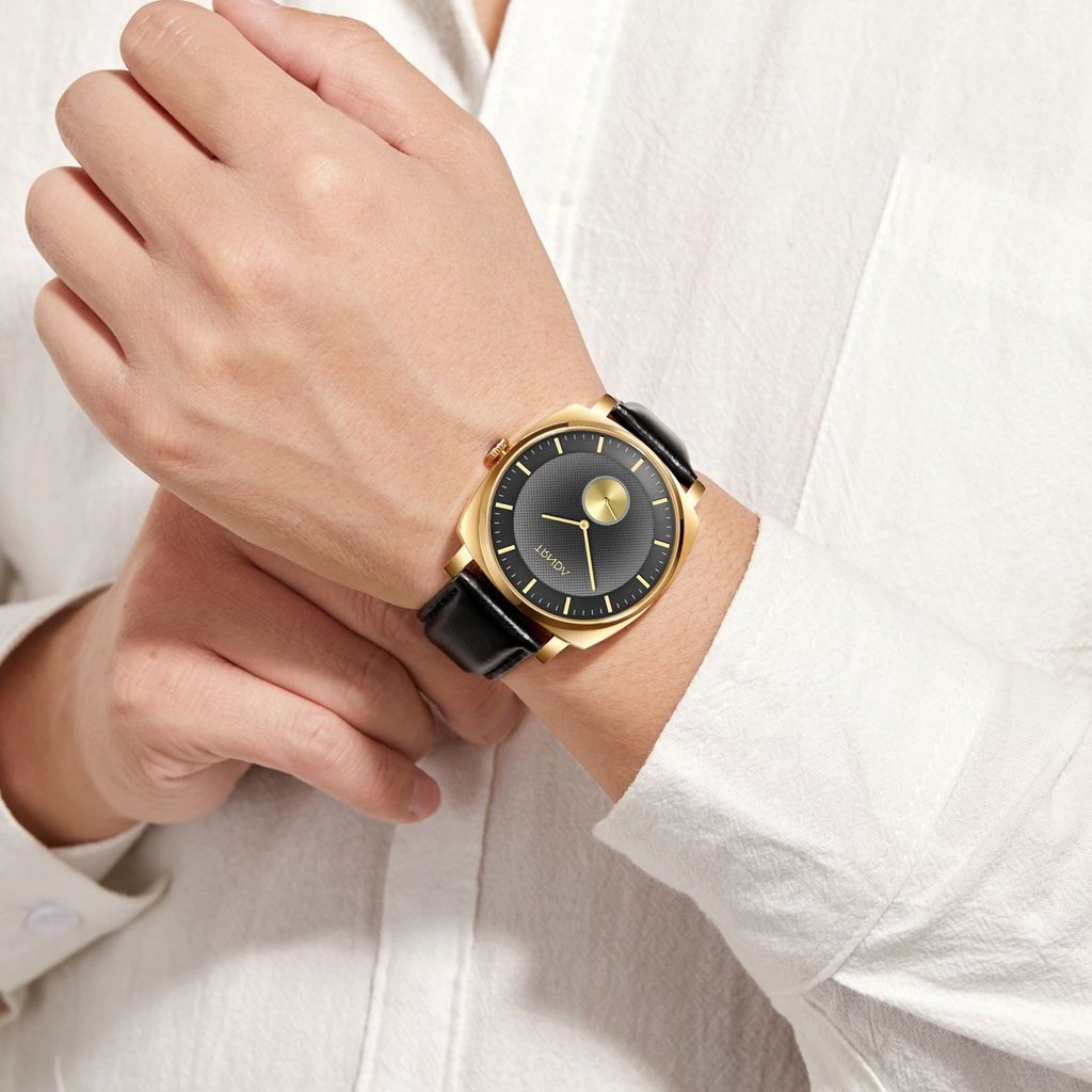 Trnda Men's Gold Stainless Steel Watch, Black Leather Band | Trn-Ss45-1
