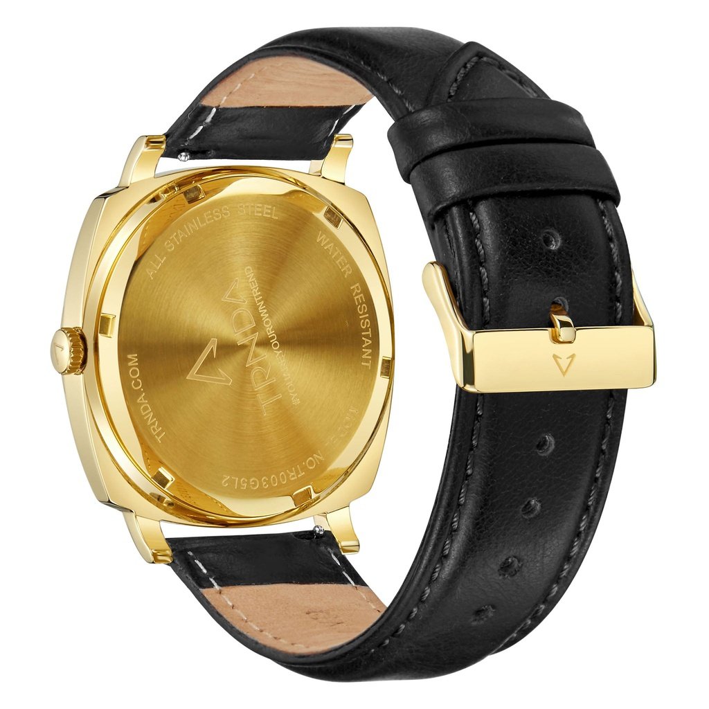 Trnda Men's Gold Stainless Steel Watch, Black Leather Band | Trn-Ss45-3