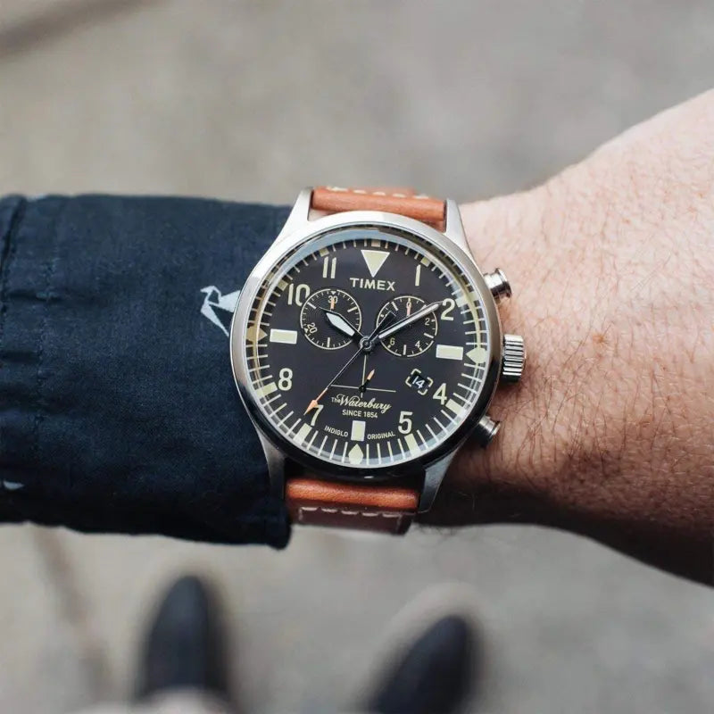 Timex Men's Brown Leather Watch, Black Dial | Tw2p84300