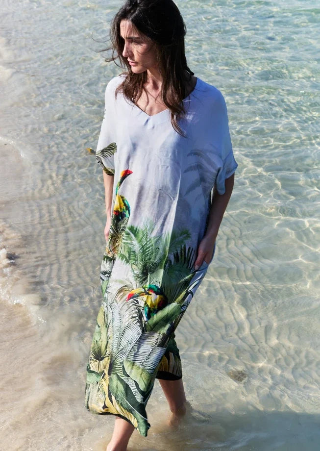 Wild Wings Bird In The Jungle Long Kaftan Dress - Green & Multicolor