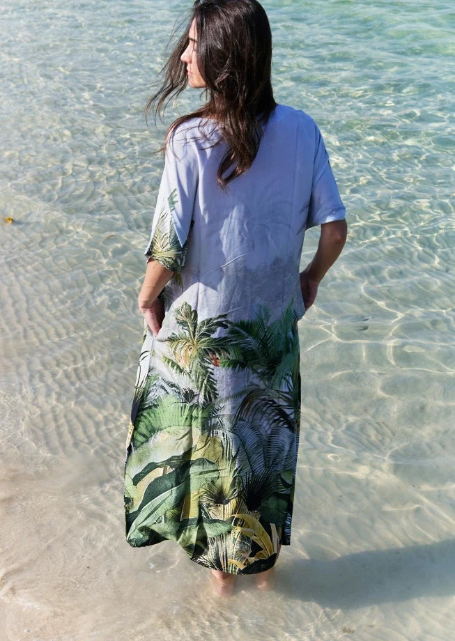 Wild Wings Bird In The Jungle Long Kaftan Dress - Green & Multicolor