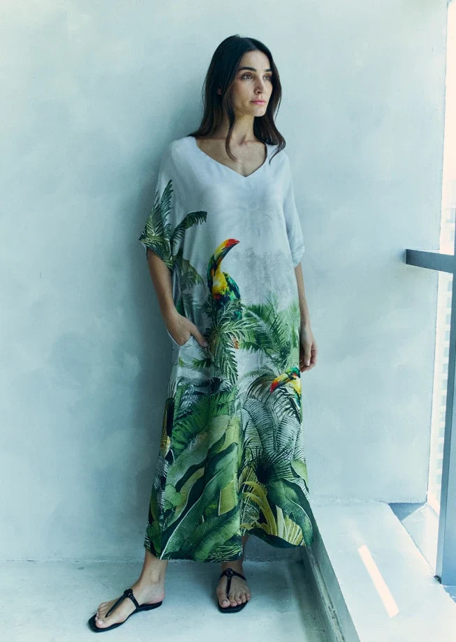 Wild Wings Bird In The Jungle Long Kaftan Dress - Green & Multicolor