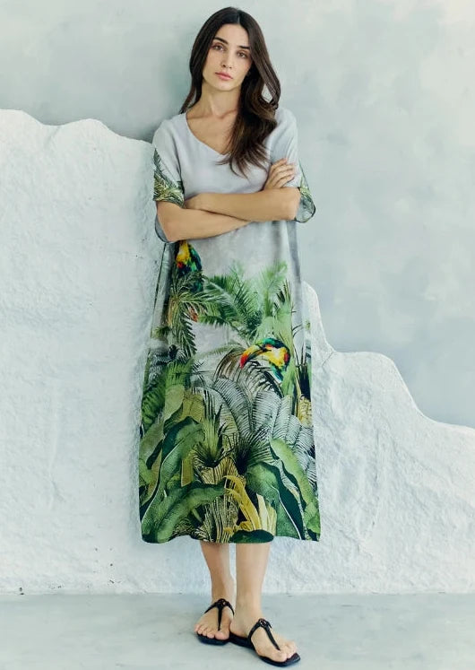 Wild Wings Bird In The Jungle Long Kaftan Dress - Green & Multicolor