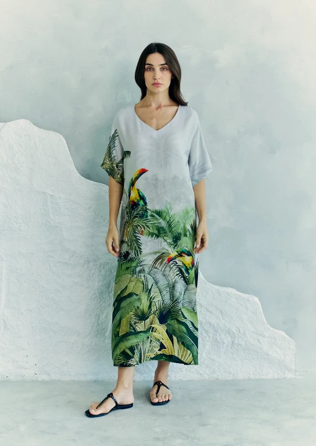 Wild Wings Bird In The Jungle Long Kaftan Dress - Green & Multicolor