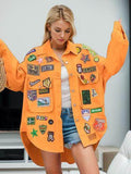 Embroidered Patch Button Up Long Sleeve Denim Jacket for Women