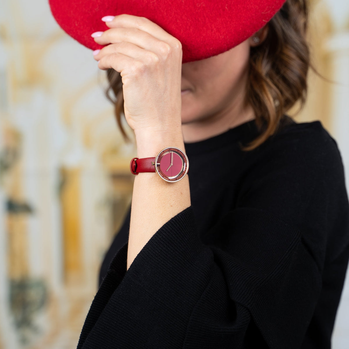 Pierre Cardin Women's Red Leather Watch, Rose Gold Case | Cma.0007
