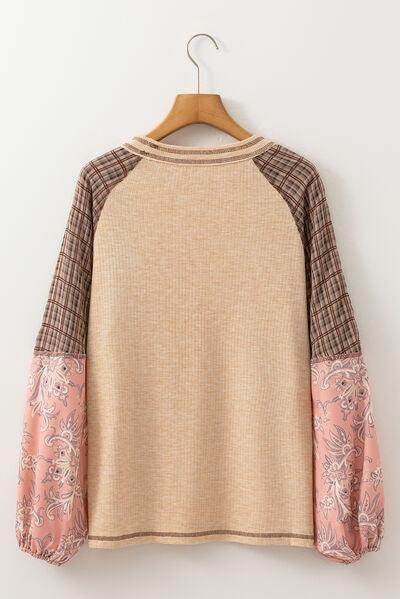 Plaid Floral Patchwork Round Neck Long Sleeve Top for Women