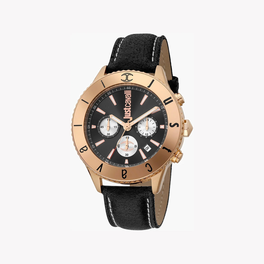 Just Cavalli Men's Black Leather Watch, Rose Gold Case | Jc1g155l0035