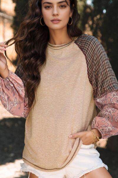 Plaid Floral Patchwork Round Neck Long Sleeve Top for Women