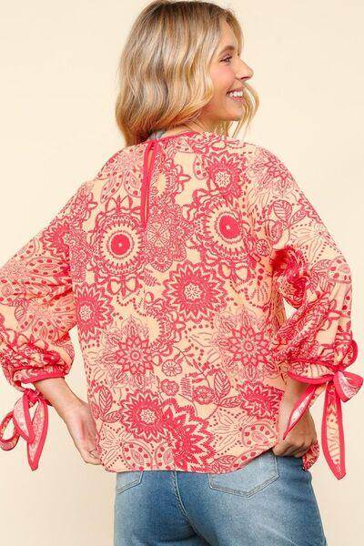 Haptics Ribbon Bow Detail Floral Round Neck Blouse for Women