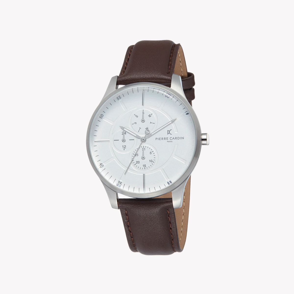 Pierre Cardin Men's Silver Stainless Steel, Brown Leather | Pc902731f106
